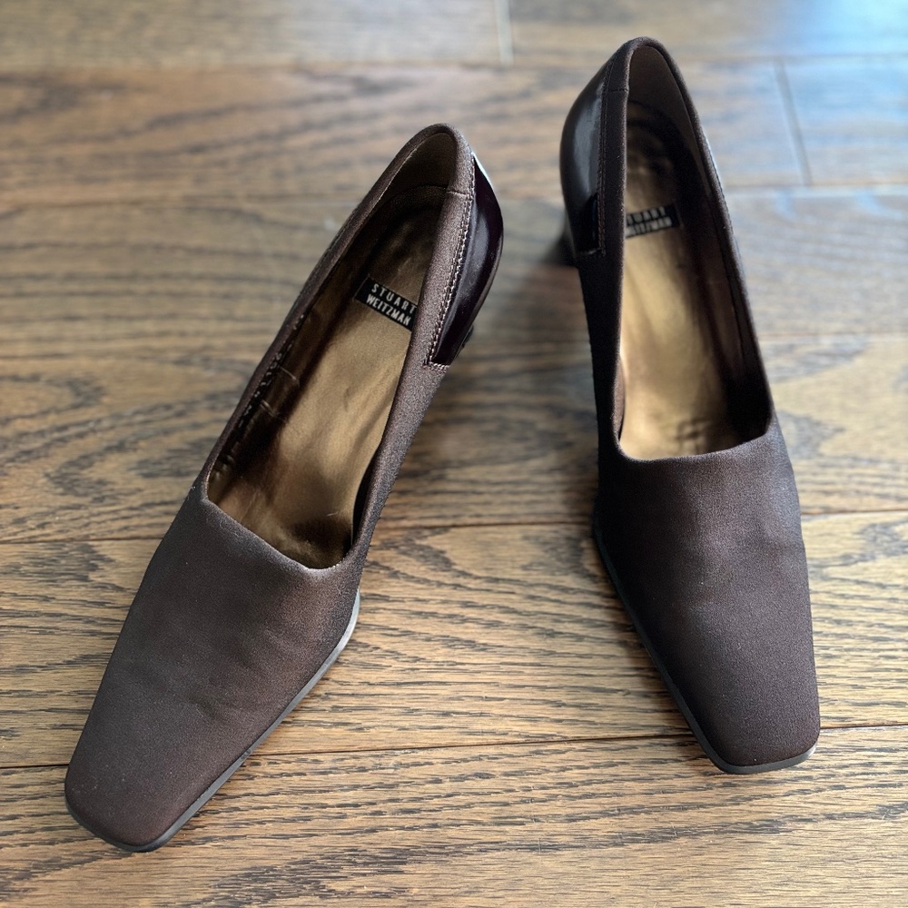 Stuart Weitzman Brown Square Toe Heels, Size 7.5 - image 1